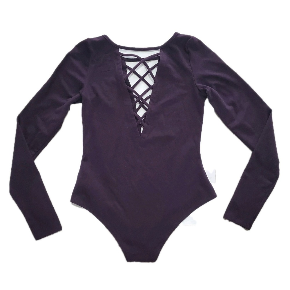 Chaser Quadrablend Long Sleeve Criss Cross Bodysuit Purple Plum Medium